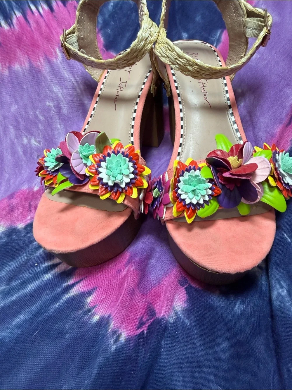 Betsey Johnson Coral Pink Floral Platform Sandals with Braided Ankle Strap